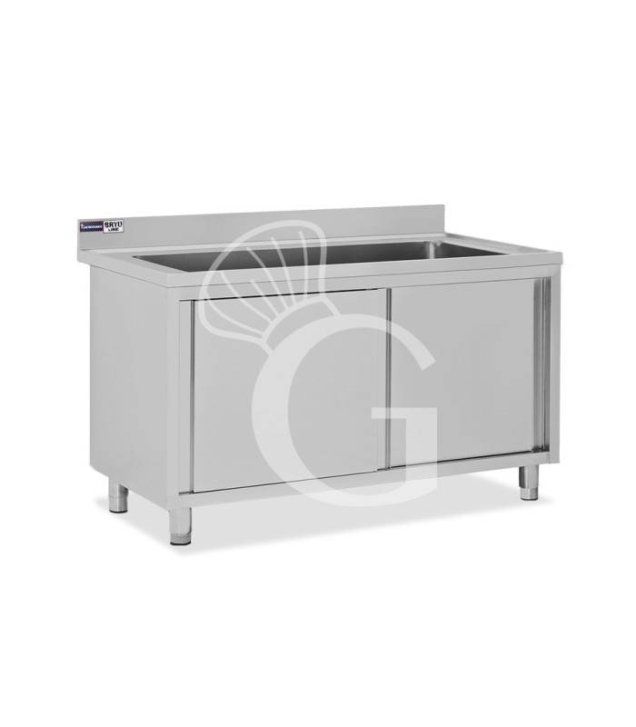 Lavapentole armadiato in acciaio inox,porte scorrevoli,alzatina,1 vasca, L 1700 x P 700 x H 965 mm - con foro rubinetto Ø 32 mm