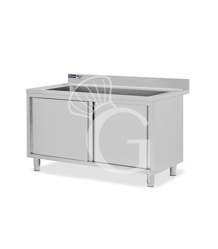 Lavapentole armadiato in acciaio inox,porte scorrevoli,alzatina,1 vasca, L 1700 x P 700 x H 965 mm - con foro rubinetto Ø 32 mm