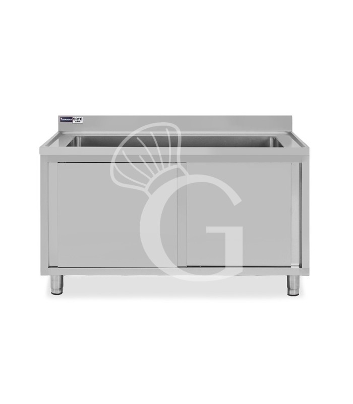 Lavapentole armadiato in acciaio inox,porte scorrevoli,alzatina,1 vasca, L 1700 x P 700 x H 965 mm - con foro rubinetto Ø 32 mm