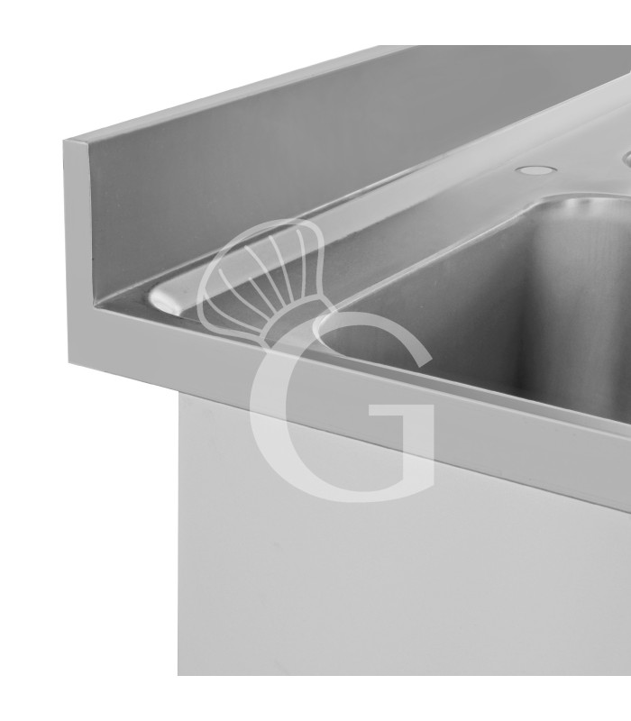 Lavello semplice con alzatina, 1 ripiano, 2 vasche, gocciolatoio a destra, L1400xP700xH965mm - con foro rubinetto Ø 32 mm
