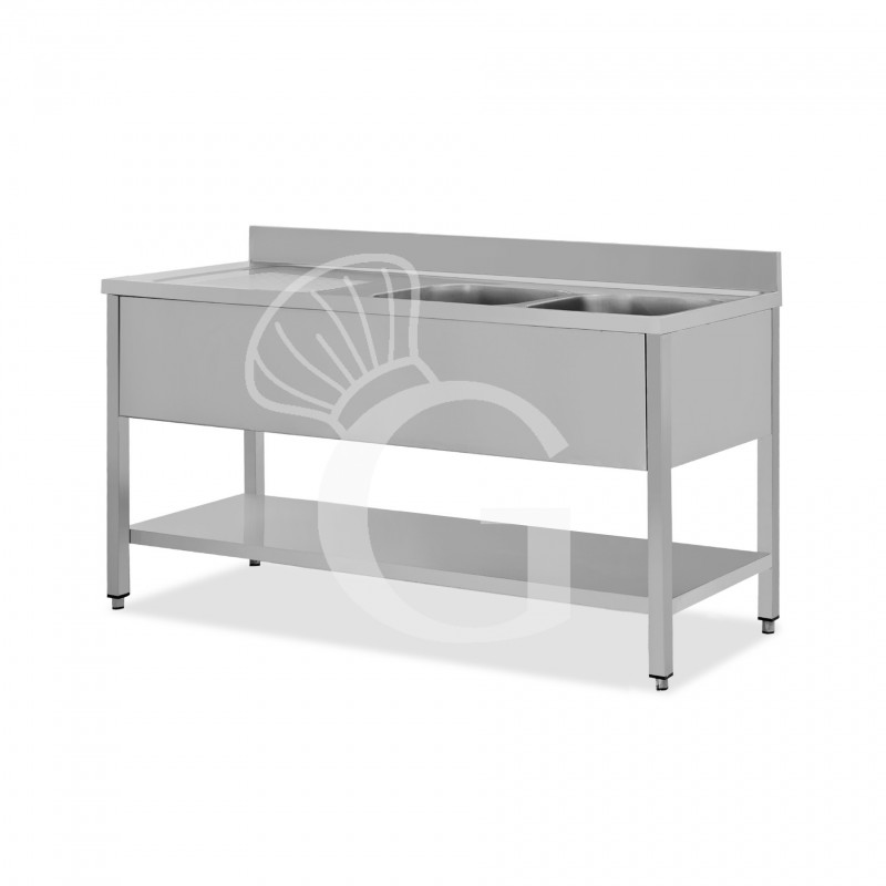 Lavello semplice con alzatina, 1 ripiano, 2 vasche, gocciolatoio a sinistra, L1700xP600xH950mm