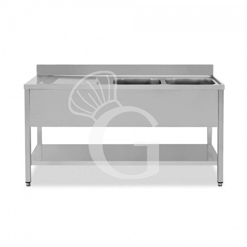 Lavello semplice con alzatina, 1 ripiano, 2 vasche, gocciolatoio a sinistra, L1700xP600xH950mm