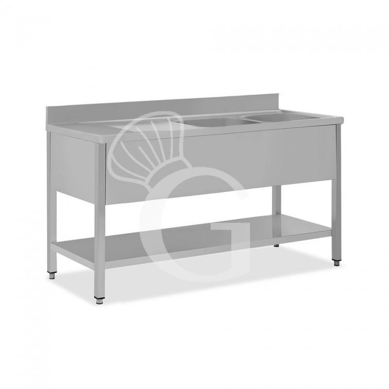 Lavello semplice con alzatina, 1 ripiano, 2 vasche, gocciolatoio a sinistra, L1700xP600xH950mm
