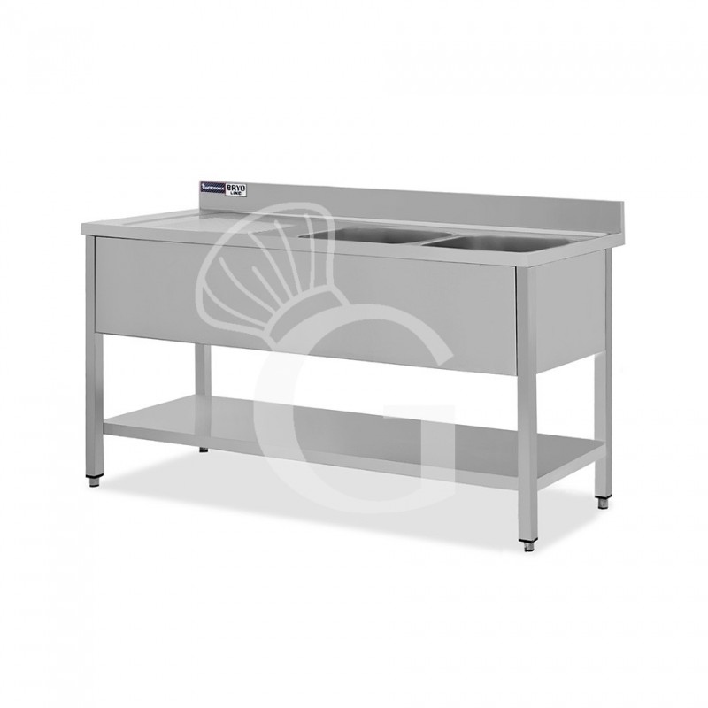 Lavello semplice con alzatina, 1 ripiano, 2 vasche, gocciolatoio a sinistra, L1600xP600xH965mm - con foro  rubinetto Ø 32 mm