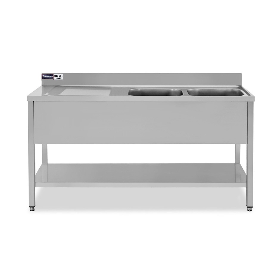 Lavello semplice con alzatina, 1 ripiano, 2 vasche, gocciolatoio a sinistra, L1600xP600xH965mm - con foro  rubinetto Ø 32 mm