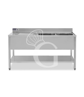 Lavello semplice con alzatina, 1 ripiano, 2 vasche, gocciolatoio a sinistra, L1600xP700xH965mm - con foro rubinetto Ø 32 mm