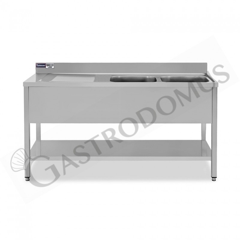 Lavello semplice con alzatina, 1 ripiano, 2 vasche, gocciolatoio a sinistra, L1600xP700xH965mm - con foro rubinetto Ø 32 mm Lavello semplice con alzatina, 1 ripiano, 2 vasche, gocciolatoio a sinistra, L1600xP700xH965mm - con foro rubinetto Ø 32 mm