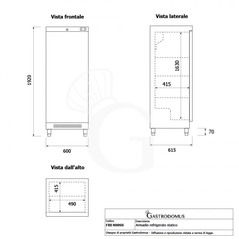 Armadio Refrigerato Statico in acciaio inox +2°C/+8°C 260 LT Classe energetica D