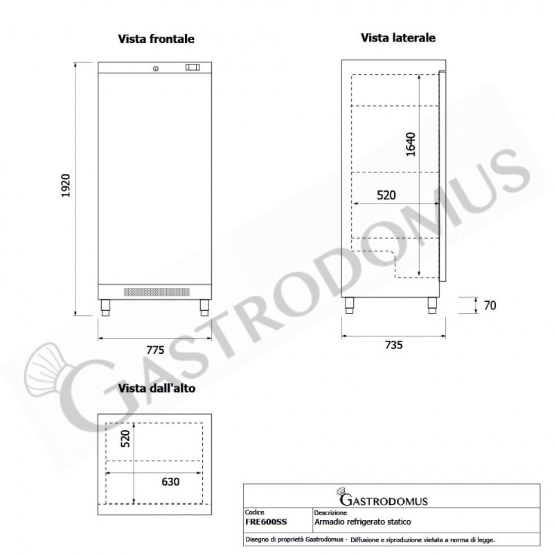 Armadio refrigerato statico in acciaio inox -2°C/+8°C 530 LT Classe energetica C