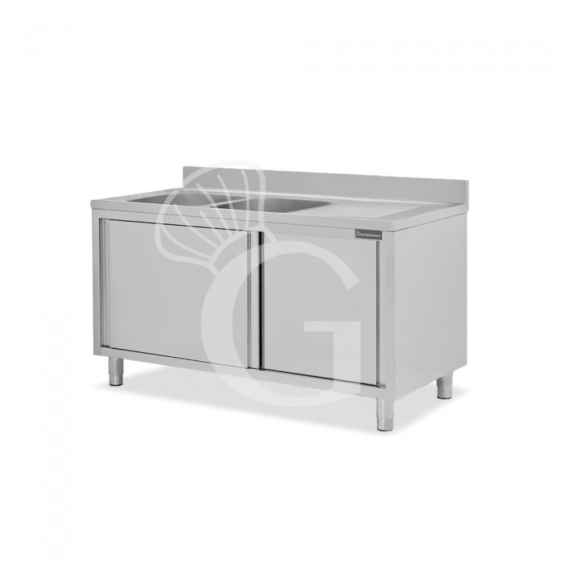 Lavello armadiato con porte scorrevoli,2 vasche,gocciolatoio a destra,L 1400 x P 600 x H 950 mm