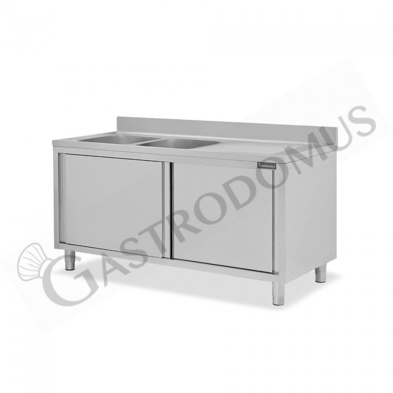 Lavello armadiato con porte scorrevoli,2 vasche,gocciolatoio a destra,L 1600 x P 700 x H 950 mm