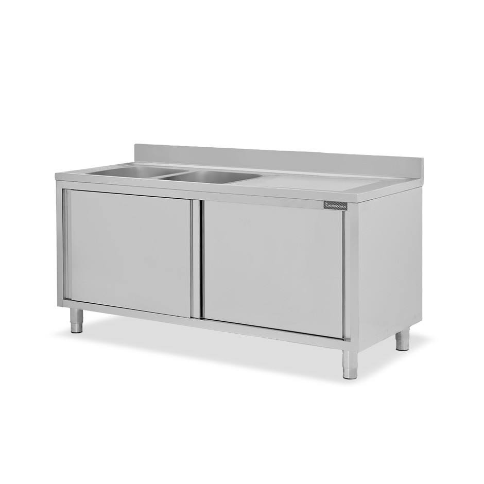 Lavello armadiato con porte scorrevoli,2 vasche,gocciolatoio a destra,L 1800 x P 600 x H 950 mm