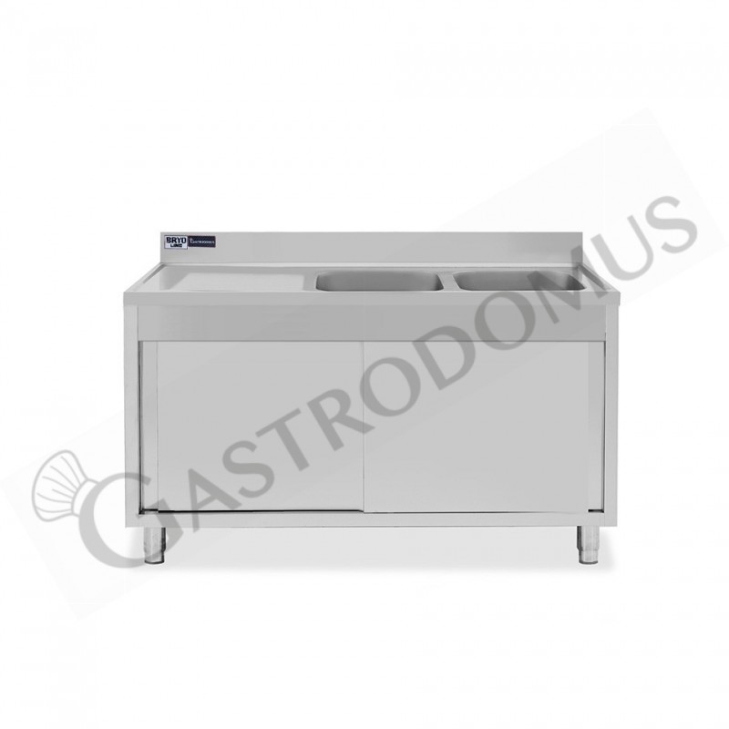 Lavello inox armadiato con porte scorrevoli,2 vasche,gocciolatoio a sinistra,L1400xP600xH965mm - con foro rubinetto Ø 32 mm Lavello inox armadiato con porte scorrevoli,2 vasche,gocciolatoio a sinistra,L1400xP600xH965mm - con foro rubinetto Ø 32 mm