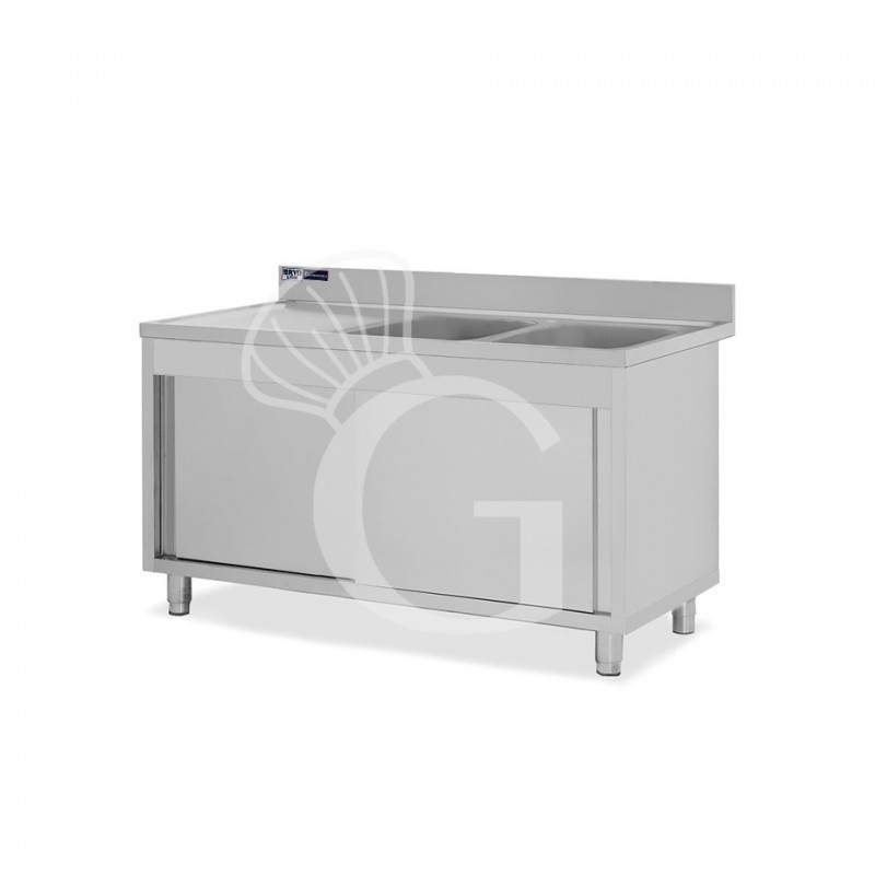 Lavello inox armadiato con porte scorrevoli,2 vasche,gocciolatoio a sinistra,L1500xP600xH965mm - con foro rubinetto Ø 32 mm