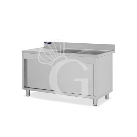 Lavello inox armadiato con porte scorrevoli,2 vasche,gocciolatoio a sinistra,L1500xP600xH965mm - con foro rubinetto Ø 32 mm Lavello inox armadiato con porte scorrevoli,2 vasche,gocciolatoio a sinistra,L1500xP600xH965mm - con foro rubinetto Ø 32 mm