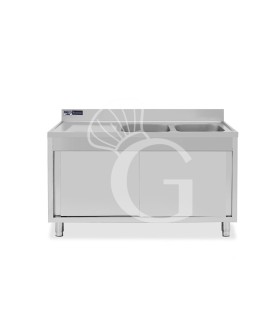 Lavello inox armadiato con porte scorrevoli,2 vasche,gocciolatoio a sinistra,L1500xP600xH965mm - con foro rubinetto Ø 32 mm