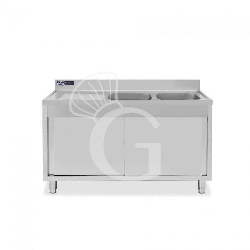 Lavello inox armadiato con porte scorrevoli,2 vasche,gocciolatoio a sinistra,L1500xP600xH965mm - con foro rubinetto Ø 32 mm Lavello inox armadiato con porte scorrevoli,2 vasche,gocciolatoio a sinistra,L1500xP600xH965mm - con foro rubinetto Ø 32 mm