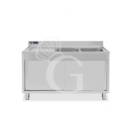 Lavello inox armadiato con porte scorrevoli,2 vasche,gocciolatoio a sinistra,L1500xP600xH965mm - con foro rubinetto Ø 32 mm Lavello inox armadiato con porte scorrevoli,2 vasche,gocciolatoio a sinistra,L1500xP600xH965mm - con foro rubinetto Ø 32 mm
