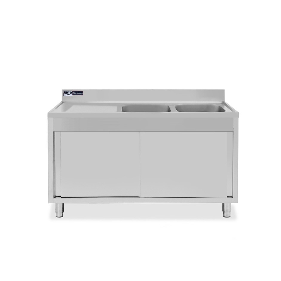Lavello inox armadiato con porte scorrevoli,2 vasche,gocciolatoio a sinistra,L1500xP600xH965mm - con foro rubinetto Ø 32 mm