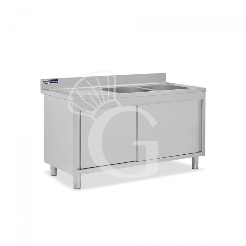 Lavello inox armadiato con porte scorrevoli,2 vasche,gocciolatoio a sinistra,L1500xP600xH965mm - con foro rubinetto Ø 32 mm
