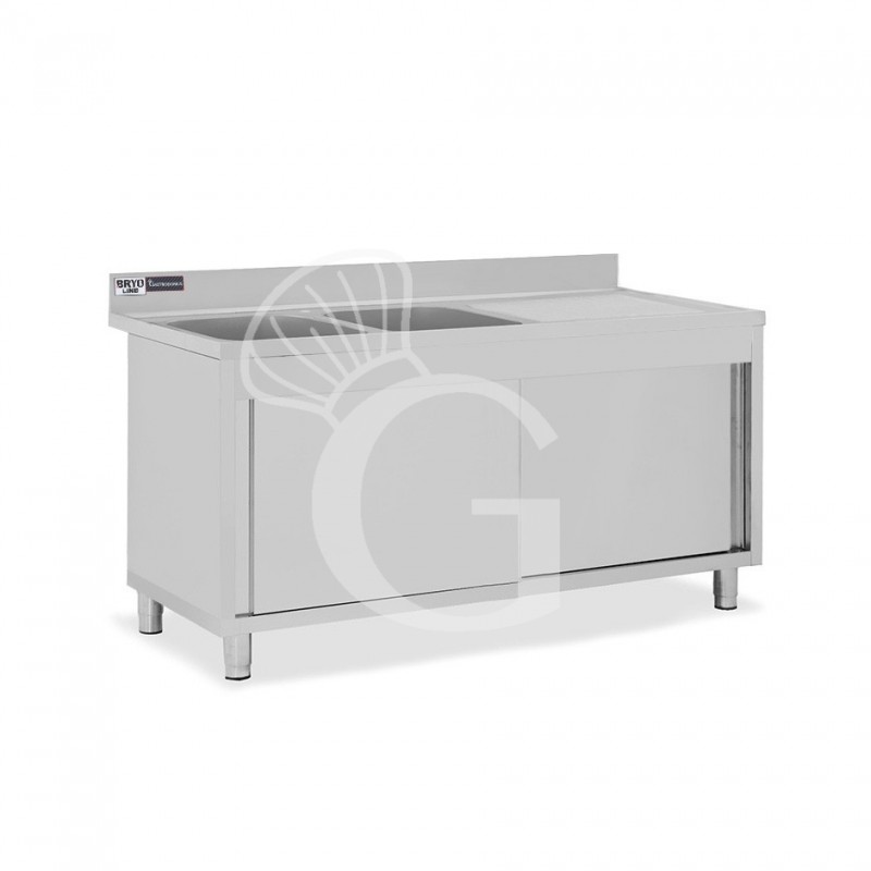 Lavello armadiato con porte scorrevoli,2 vasche,gocciolatoio a destra,L 1700 x P 600 x H 965 mm - con foro rubinetto Ø 32 mm