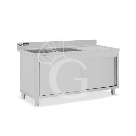 Lavello armadiato con porte scorrevoli,2 vasche,gocciolatoio a destra,L 1600 x P 600 x H 965 mm - con foro rubinetto Ø 32 mm Lavello armadiato con porte scorrevoli,2 vasche,gocciolatoio a destra,L 1600 x P 600 x H 965 mm - con foro rubinetto Ø 32 mm