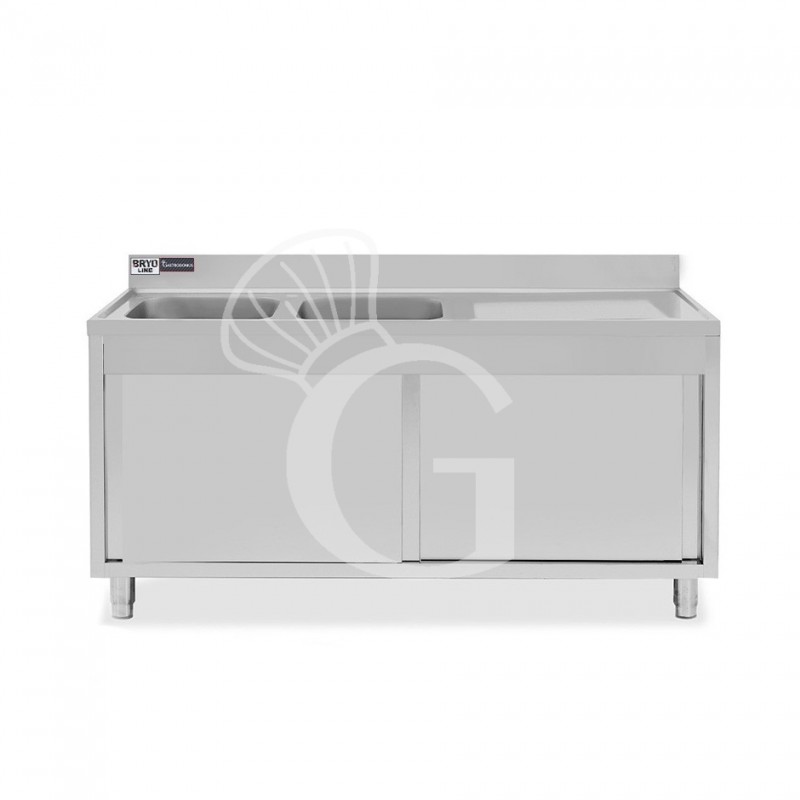 Lavello armadiato con porte scorrevoli,2 vasche,gocciolatoio a destra,L 1600 x P 600 x H 965 mm - con foro rubinetto Ø 32 mm Lavello armadiato con porte scorrevoli,2 vasche,gocciolatoio a destra,L 1600 x P 600 x H 965 mm - con foro rubinetto Ø 32 mm