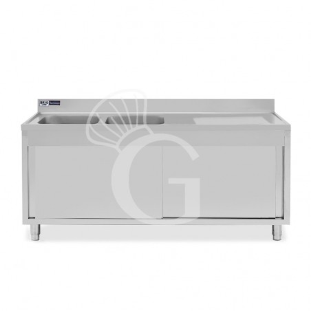 Lavello armadiato con porte scorrevoli,2 vasche,gocciolatoio a destra,L 2000 x P 600 x H 965 mm - con foro rubinetto Ø 32 mm Lavello armadiato con porte scorrevoli,2 vasche,gocciolatoio a destra,L 2000 x P 600 x H 965 mm - con foro rubinetto Ø 32 mm