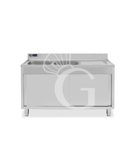 Lavello armadiato con porte scorrevoli,2 vasche,gocciolatoio a destra,L 1400 x P 600 x H 965 mm - con foro rubinetto Ø 32 mm