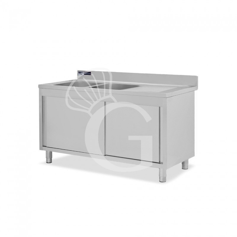 Lavello armadiato con porte scorrevoli,2 vasche,gocciolatoio a destra,L 1400 x P 600 x H 965 mm - con foro rubinetto Ø 32 mm