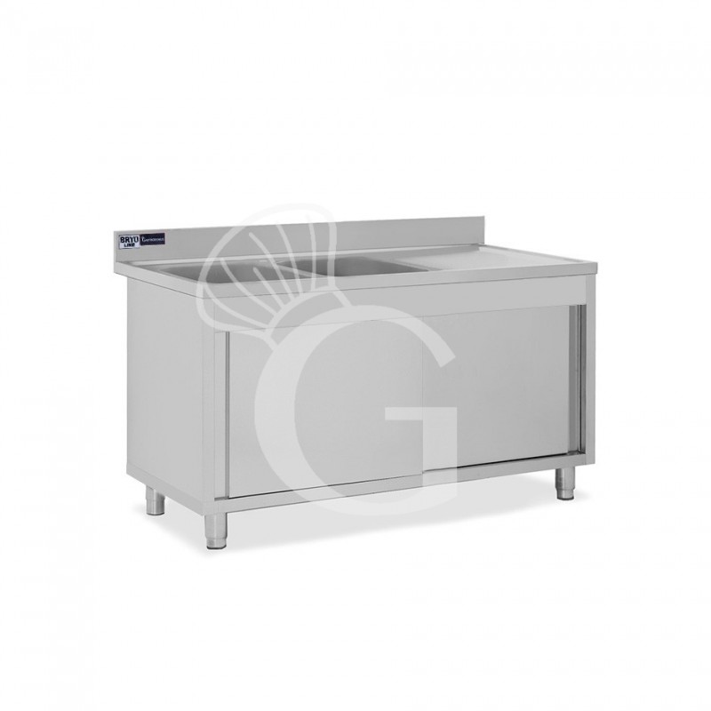 Lavello armadiato con porte scorrevoli,2 vasche,gocciolatoio a destra,L 1400 x P 600 x H 965 mm - con foro rubinetto Ø 32 mm