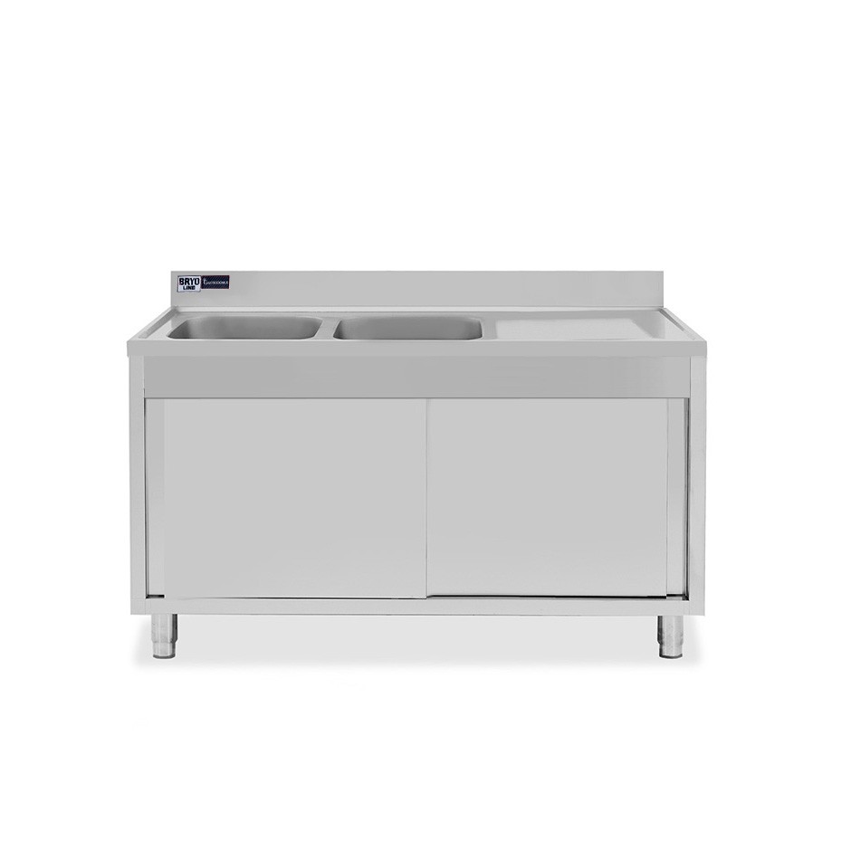 Lavello armadiato con porte scorrevoli,2 vasche,gocciolatoio a destra,L 1500 x P 600 x H 965 mm - con foro rubinetto Ø 32 mm