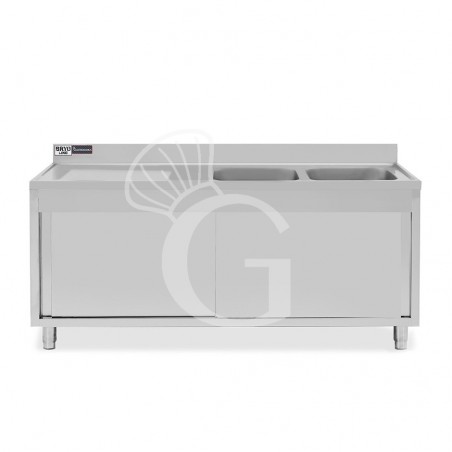 Lavello armadiato con porte scorrevoli,2 vasche,gocciolatoio a sinistra,L 2000 x P 600 x H 965 mm - con foro rubinetto Ø 32 mm Lavello armadiato con porte scorrevoli,2 vasche,gocciolatoio a sinistra,L 2000 x P 600 x H 965 mm - con foro rubinetto Ø 32 mm
