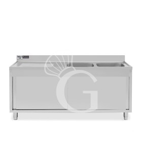 Lavello armadiato con porte scorrevoli,2 vasche,gocciolatoio a sinistra,L 1800 x P 700 x H 965 mm - con foro rubinetto Ø 32 mm