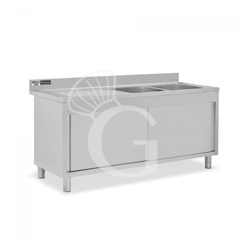 Lavello armadiato con porte scorrevoli,2 vasche,gocciolatoio a sinistra,L 1800 x P 700 x H 965 mm - con foro rubinetto Ø 32 mm