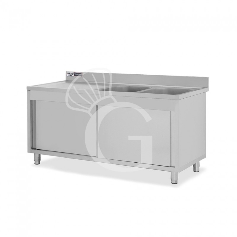 Lavello armadiato con porte scorrevoli,2 vasche,gocciolatoio a sinistra,L 1800 x P 700 x H 965 mm - con foro rubinetto Ø 32 mm