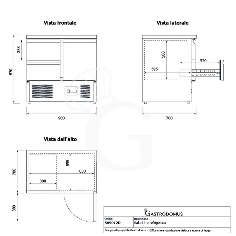 Saladette refrigerata 2 cassetti, 1 porta, temperatura +2°C/+8°C, piano in inox