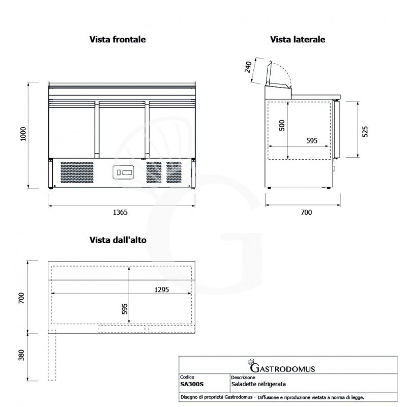 Saladette refrigerata 3 porte, temperatura +2°C/+8°C, coperchio in acciaio inox