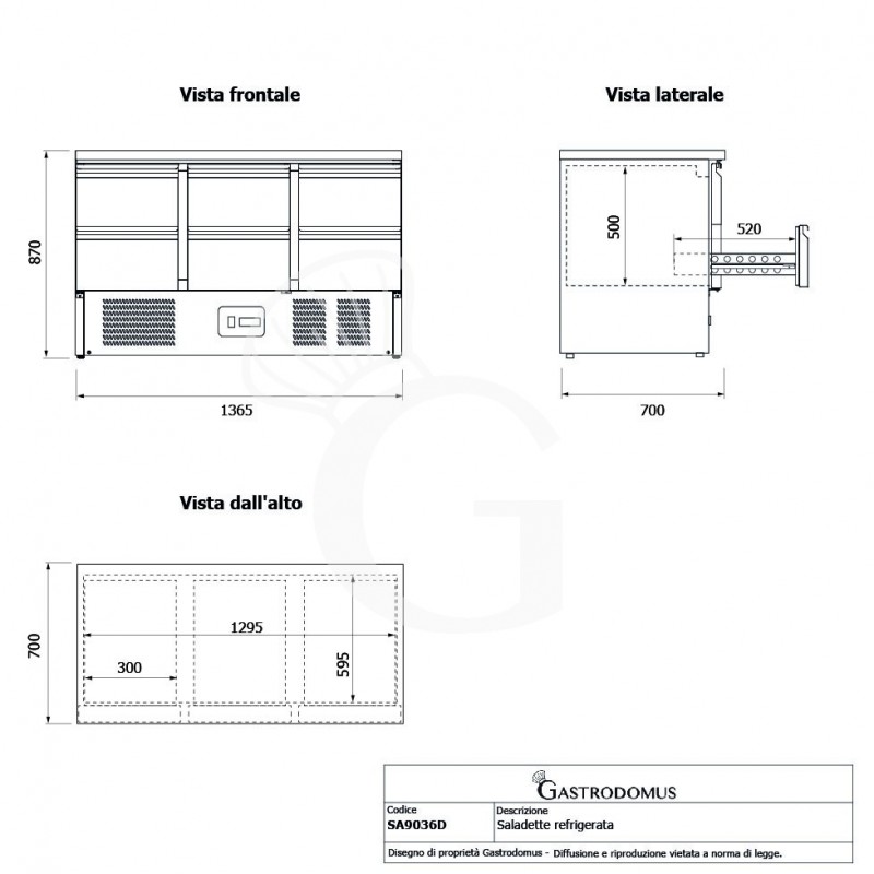 Saladette refrigerata 6 cassetti, temperatura +2°C/+8°C, piano in inox - tecnico