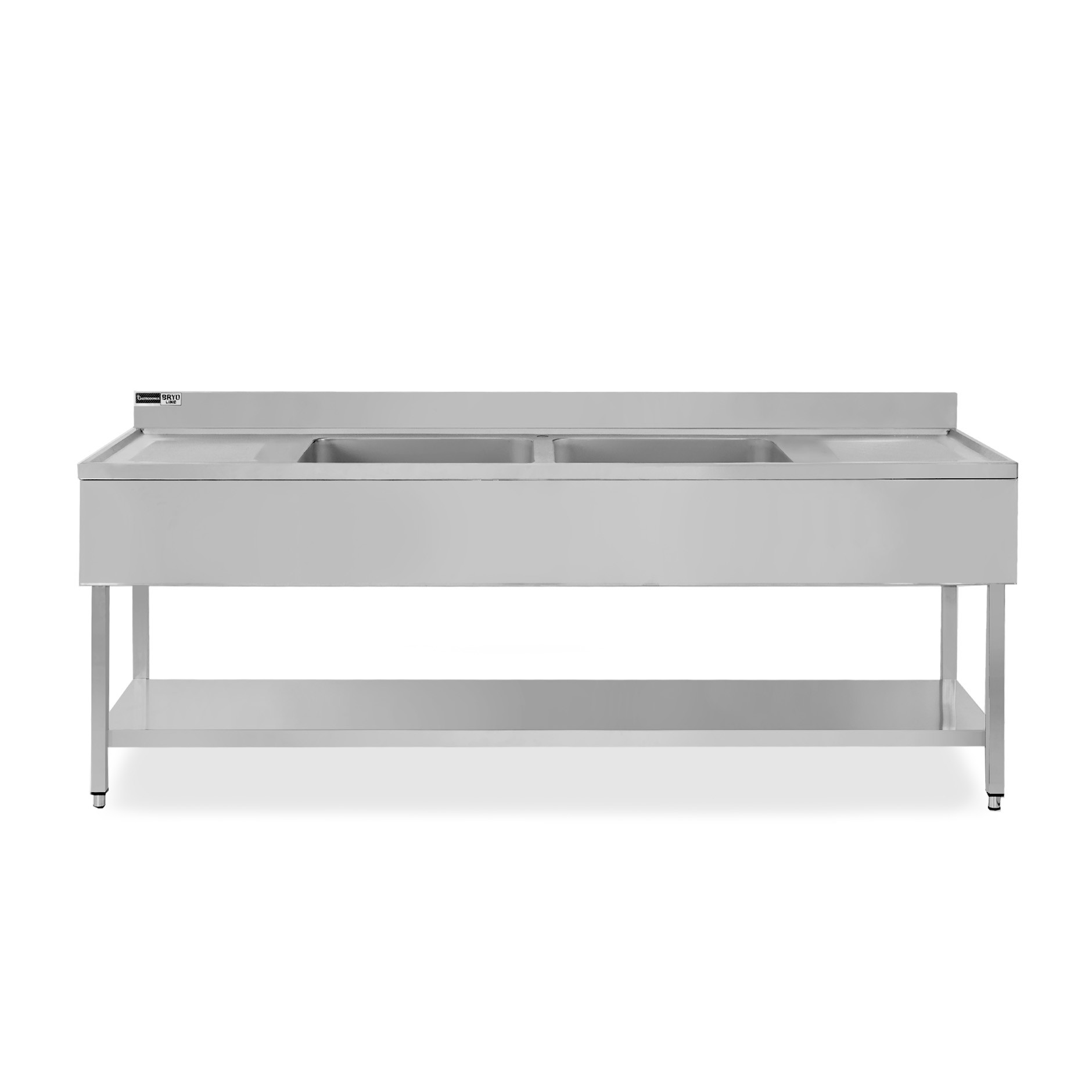 Lavello semplice con alzatina, 1 ripiano, 2 vasche, 2 gocciolatoi, L 2000 x P 600 x H 965 mm - con foro rubinetto Ø 32 mm
