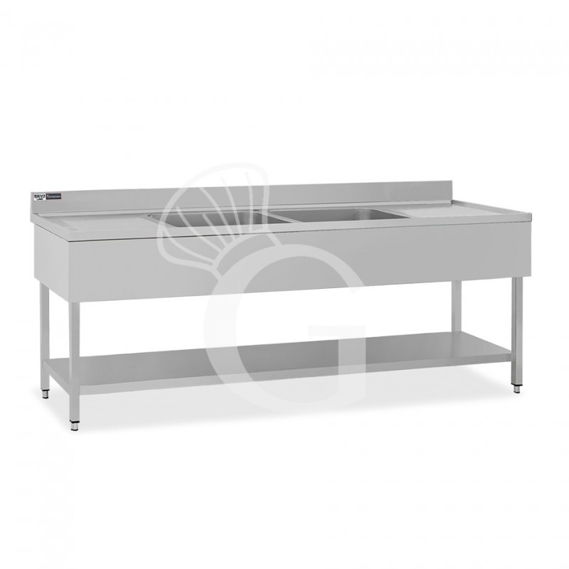 Lavello semplice con alzatina, 1 ripiano, 2 vasche, 2 gocciolatoi, L2200xP700xH965mm - con foro rubinetto Ø 32 mm