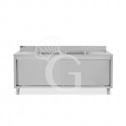 Lavello armadiato con porte scorrevoli,2 vasche,2 gocciolatoi,L 2000 x P 600 x H 965 mm - con foro rubinetto Ø 32 mm