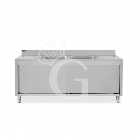 Lavello armadiato con porte scorrevoli,2 vasche,2 gocciolatoi,L 2000 x P 600 x H 965 mm - con foro rubinetto Ø 32 mm Lavello armadiato con porte scorrevoli,2 vasche,2 gocciolatoi,L 2000 x P 600 x H 965 mm - con foro rubinetto Ø 32 mm