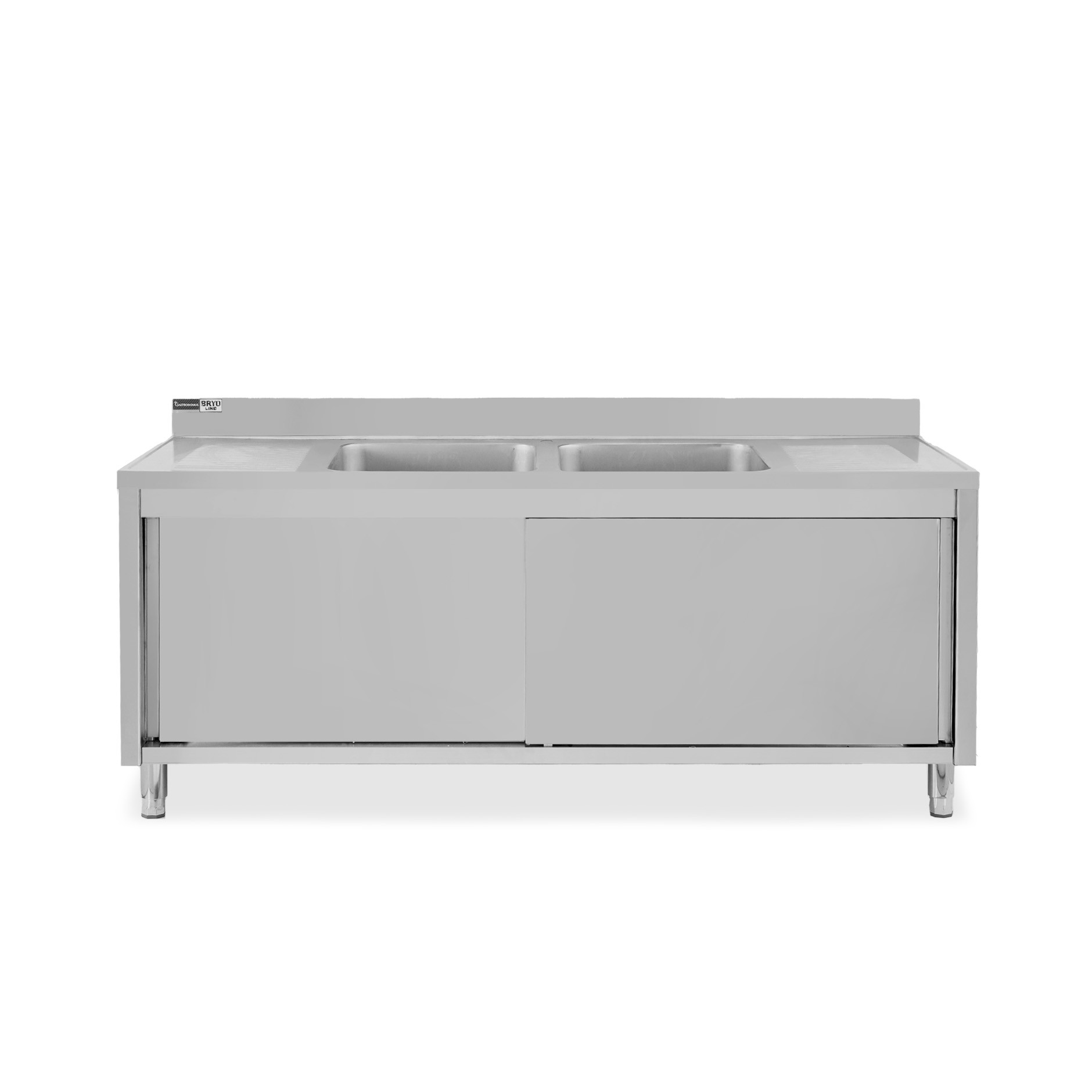 Lavello armadiato con porte scorrevoli,2 vasche,2 gocciolatoi,L 2000 x P 600 x H 965 mm - con foro rubinetto Ø 32 mm
