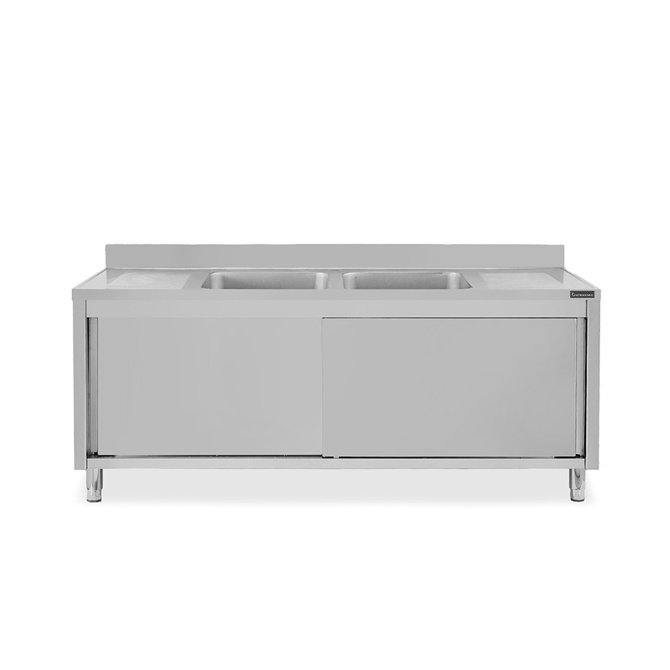 Lavello armadiato con porte scorrevoli,2 vasche,2 gocciolatoi,L 1800 x P 600 x H 950 mm