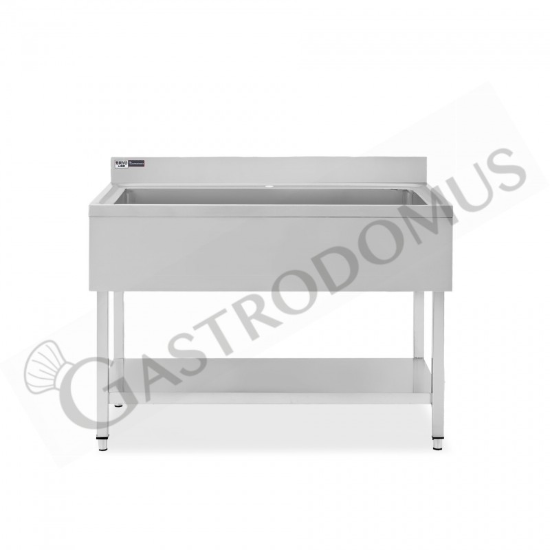 Lavapentole inox, 1 ripiano, alzatina, 1 vasca, L 1200 x P 700 x H 965 mm - con foro rubinetto Ø 35 mm Lavapentole inox, 1 ripiano, alzatina, 1 vasca, L 1200 x P 700 x H 965 mm - con foro rubinetto Ø 35 mm