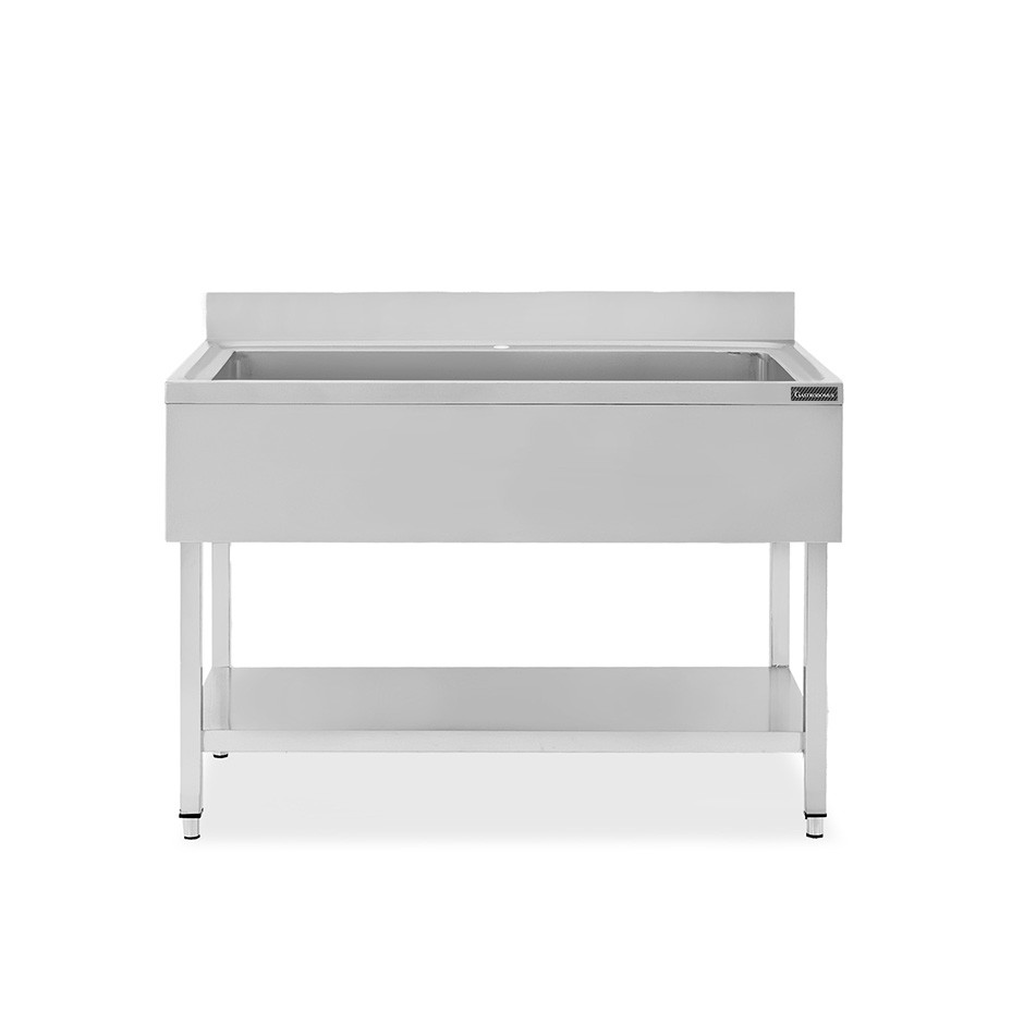 Lavapentole inox, 1 ripiano, alzatina, 1 vasca, L 1200 x P 700 x H 950 mm