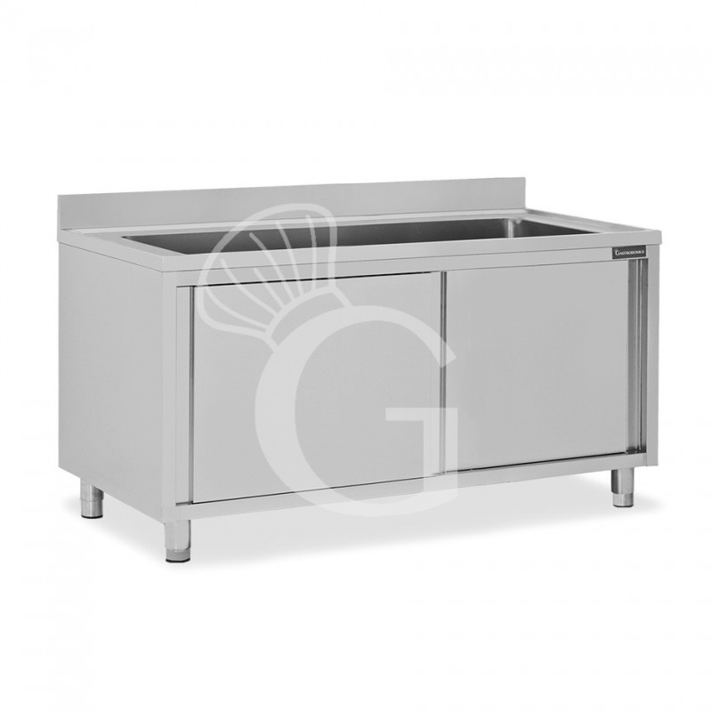 Lavapentole armadiato in acciaio inox,porte scorrevoli,alzatina,1 vasca, L 2000 x P 600 x H 950 mm