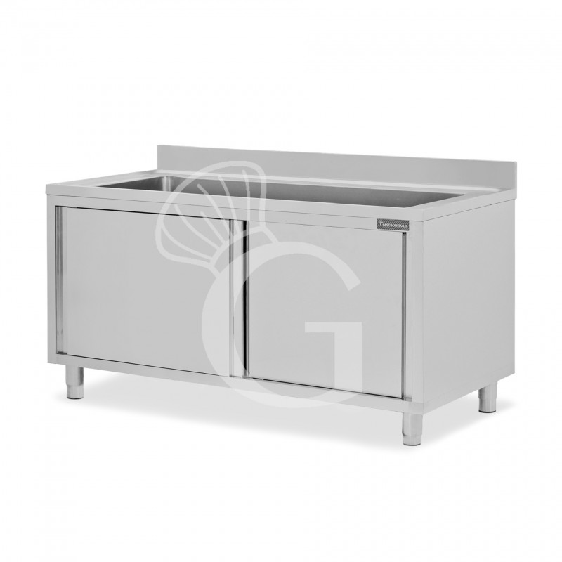 Lavapentole armadiato in acciaio inox,porte scorrevoli,alzatina,1 vasca, L 2000 x P 600 x H 950 mm