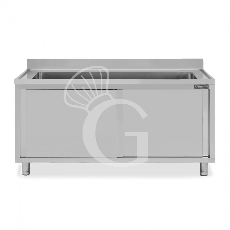 Lavapentole armadiato in acciaio inox,porte scorrevoli,alzatina,1 vasca, L 2000 x P 600 x H 950 mm